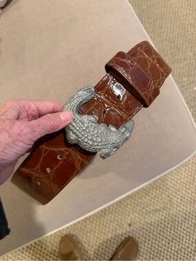 Ann Turk Croc-Embossed Leather Belt with Silver Animal Buckle